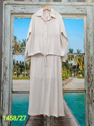 Ladies Summer Collar Down Drawstring Shirts With Long Skirts